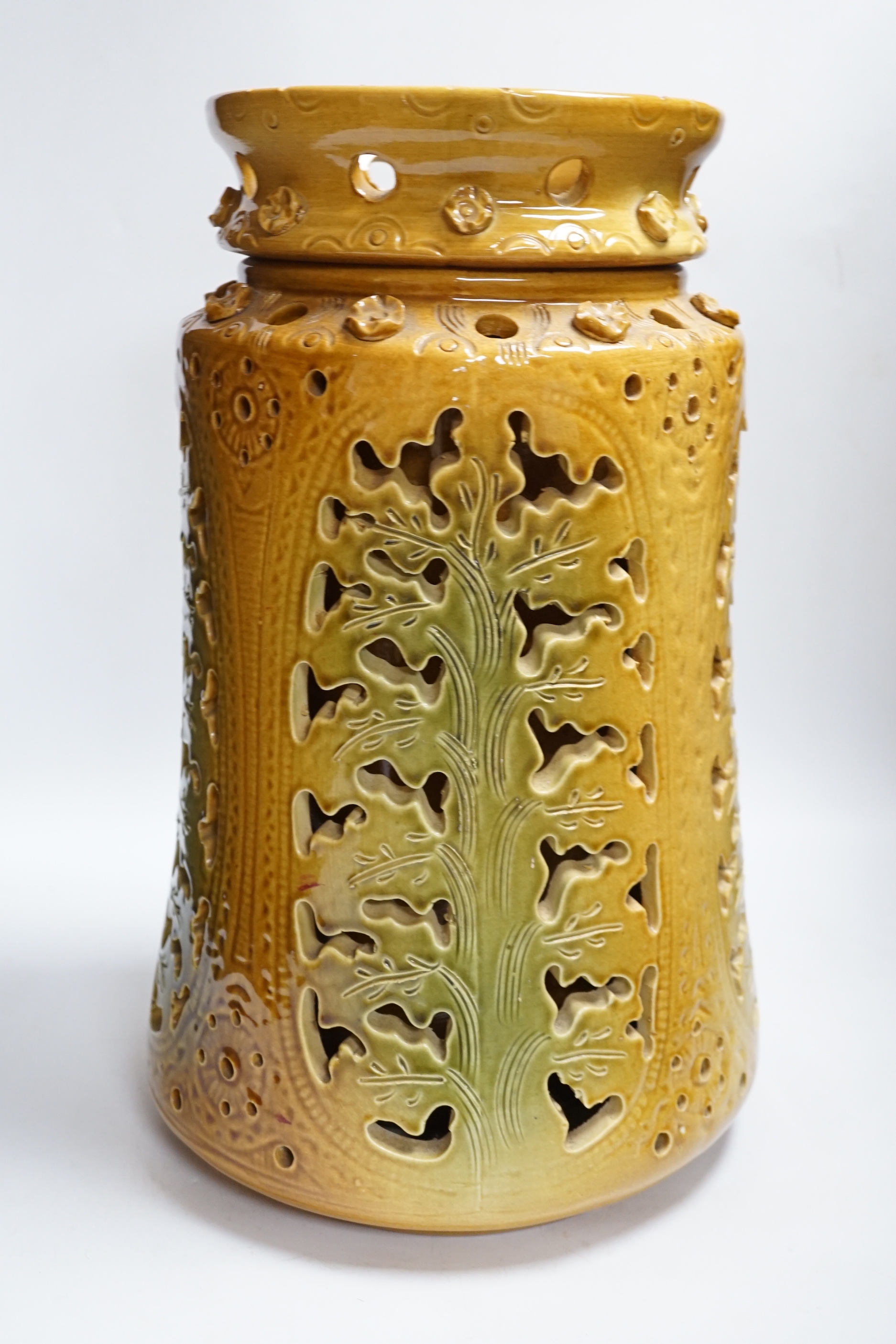A large German reticulated double walled pottery vase, 45cm